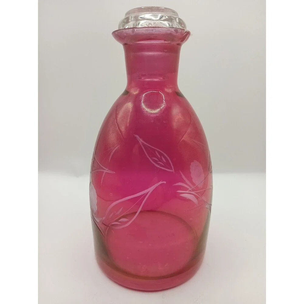 MCM Vintage Etched Cranberry Glass DECANTER With 5 Cordial Shot Glasses Red